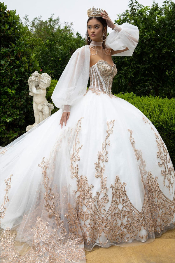 Strapless Puff Sleeve Ball Gown by GLS Gloria GL3578 - XS / Ivory/Gold - Quinceanera Dresses