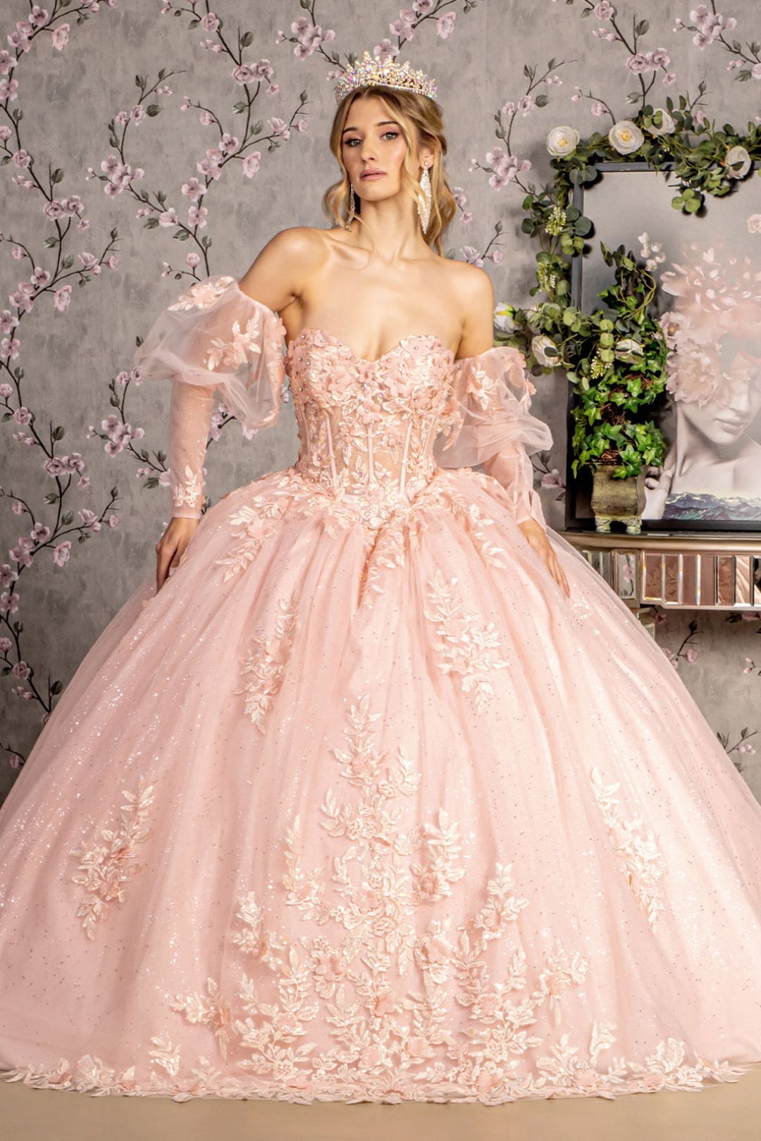 Strapless Puff Sleeve Corset Ball Gown by GLS Gloria GL3476 Strapless Puff Sleeve Corset Ball Gown by GLS Gloria GL3476