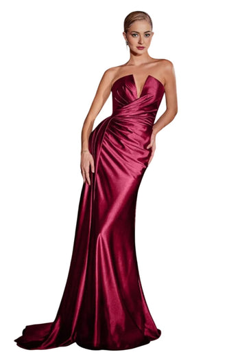 Strapless Satin Prom Long Dress 2025 Elegant Formal Evening Gown - BURGUNDY / 2 - Dress