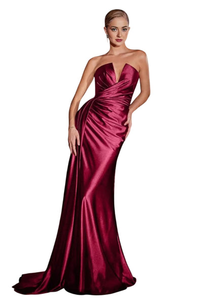 Strapless Satin Prom Long Dress 2025 Elegant Formal Evening Gown - BURGUNDY / 2 - Dress