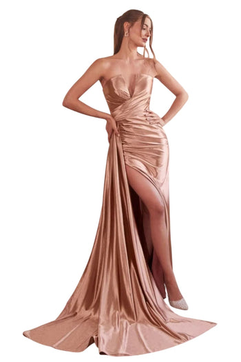 Strapless Satin Prom Long Dress 2025 Elegant Formal Evening Gown - COPPER / 2 - Dress