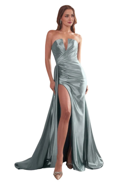 Strapless Satin Prom Long Dress 2025 Elegant Formal Evening Gown - DUSTY BLUE / 2 - Dress