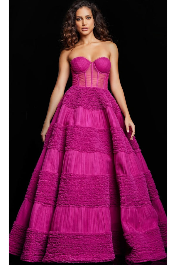 Strapless Sheer-Corset Jovani Ball Gown 37157 - Raspberry / Prom