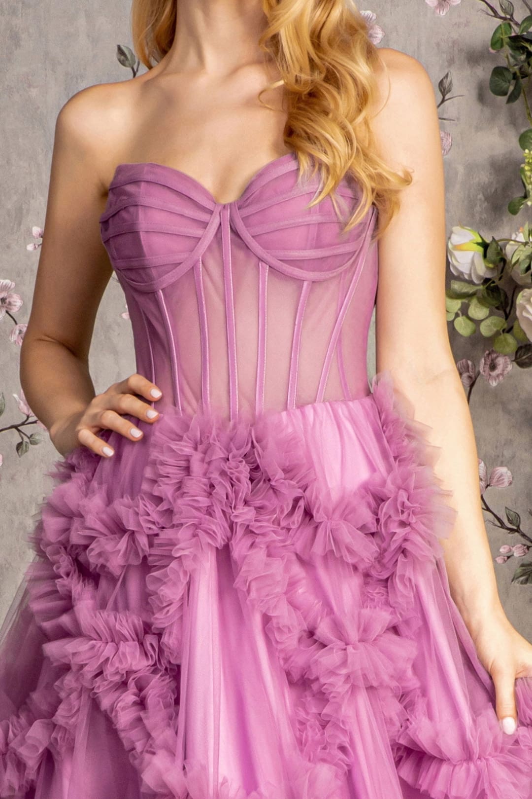Strapless Sheer Corset Ruffled Gown by GLS Gloria GL3455 - Long Formal Dresses