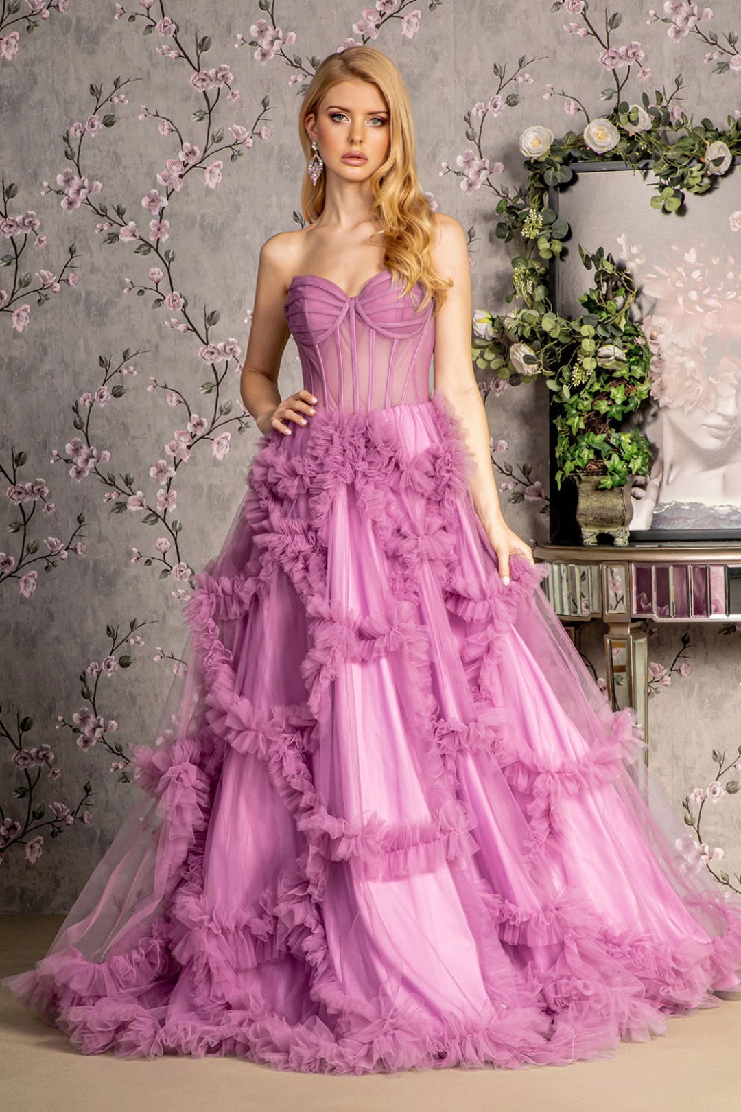 Strapless Sheer Corset Ruffled Gown by GLS Gloria GL3455 - XS / Light Purple - Long Formal Dresses