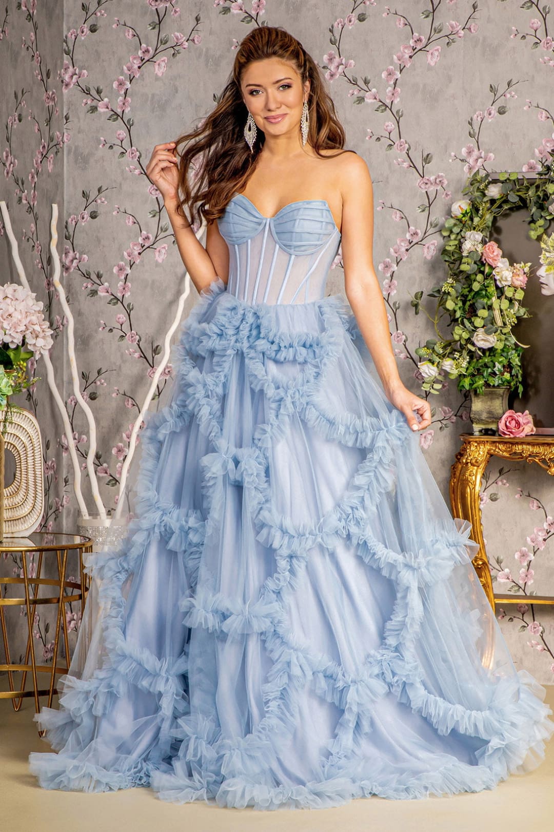 Strapless Sheer Corset Ruffled Gown by GLS Gloria GL3455 - XS / Perry Blue - Long Formal Dresses