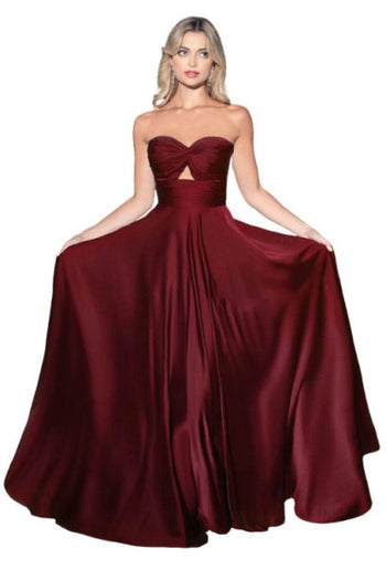 Strapless Sweetheart A-Line Dress 2025 Keyhole Satin Gown - BURGUNDY / 4 - Dress