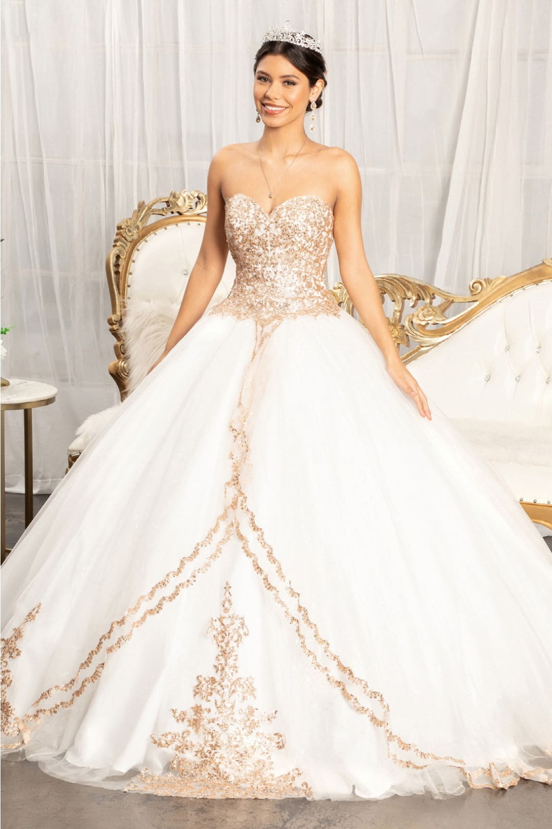 white and gold quince dresses Sequin Quinceanera Applique Tulle Wedding Dress – MyChicDress Sweet 16 Elizabeth K GL3071 - Detachable