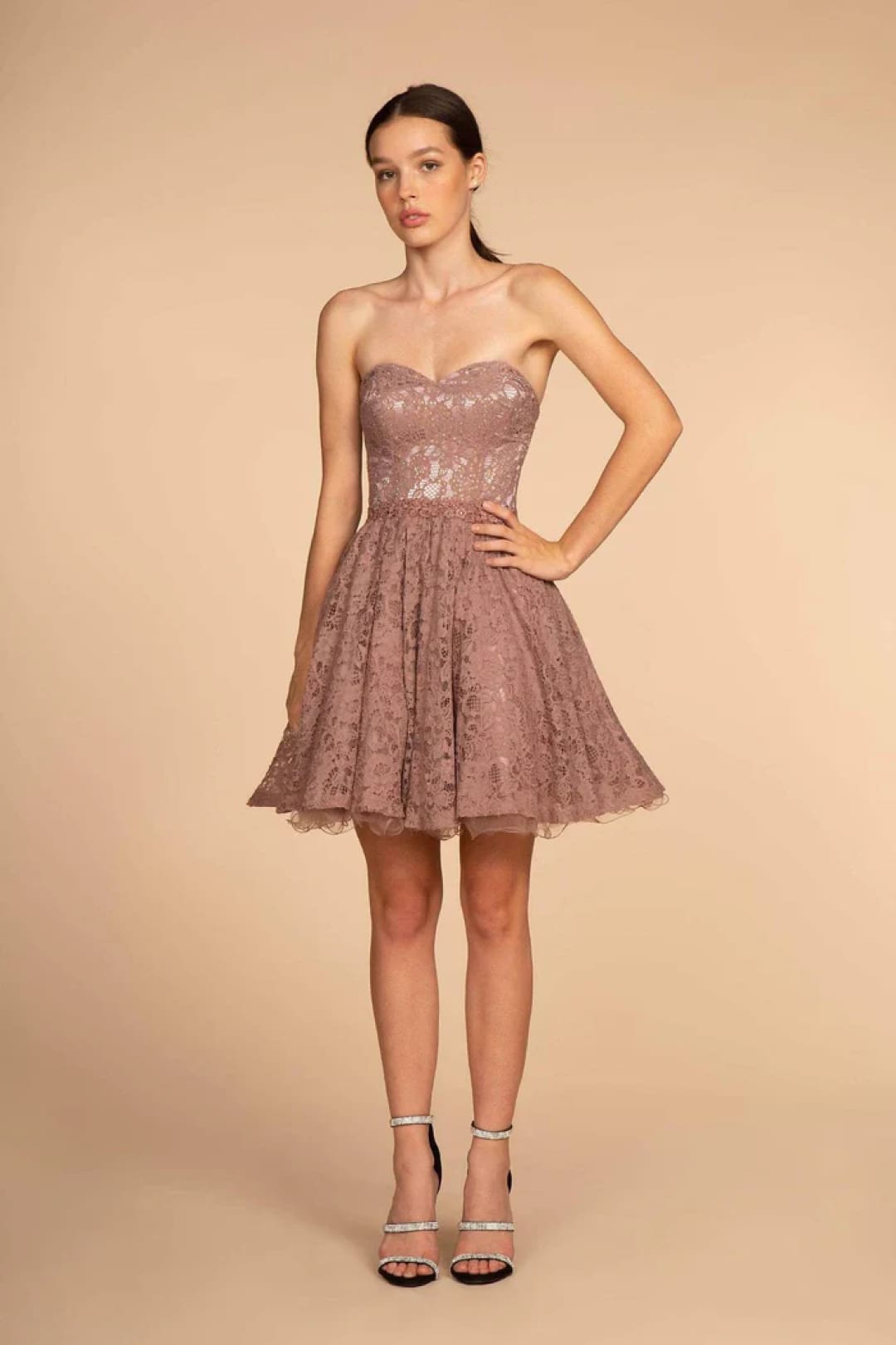 Strapless Sweetheart Short Lace Dress by Elizabeth K GS1611 - XS / Mauve - Short Cocktail Dresses