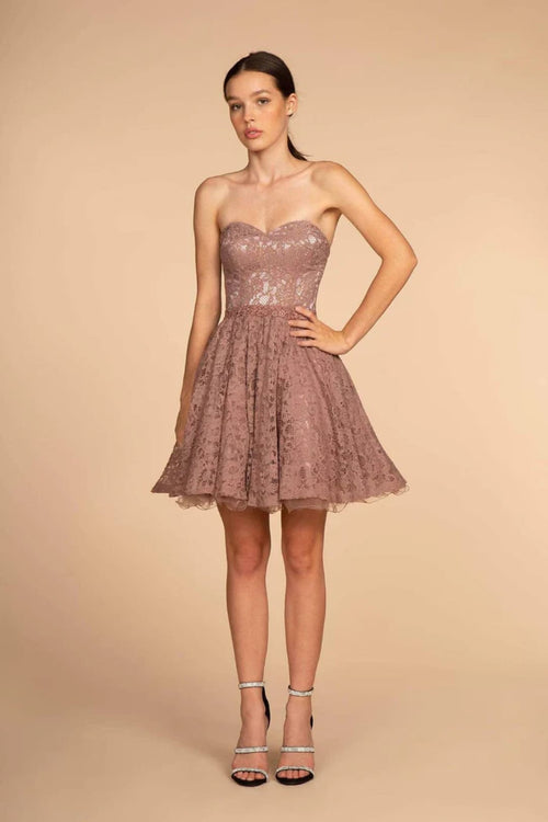 Strapless Sweetheart Short Lace Dress by Elizabeth K GS1611 - XS / Mauve - Short Cocktail Dresses