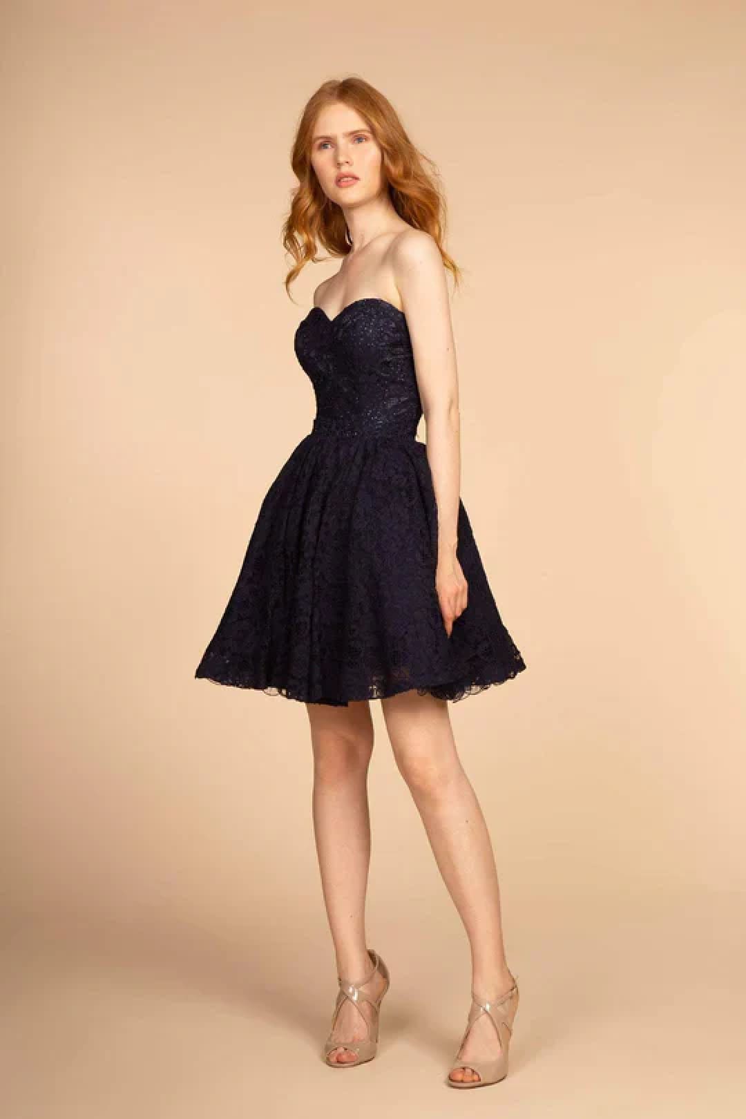 Strapless Sweetheart Short Lace Dress by Elizabeth K GS1611 - XS / Navy - Short Cocktail Dresses
