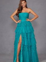 Strapless Tiered A-line Slit Gown by Juliet JT2542S