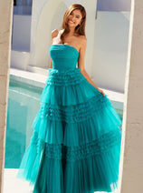 Strapless Tiered A-line Slit Gown by Juliet JT2542S