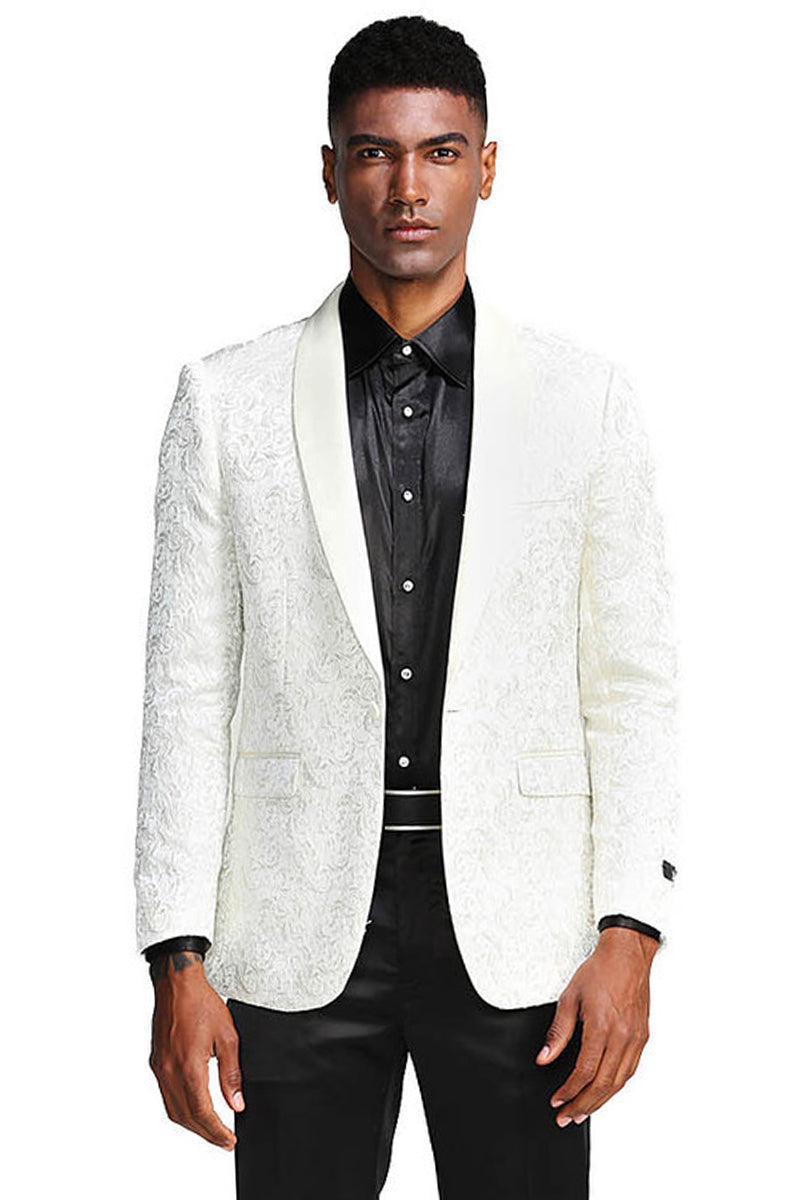 Chaqueta de esmoquin entallada con estampado de cachemira a tono para boda y graduación para hombre en color marfil