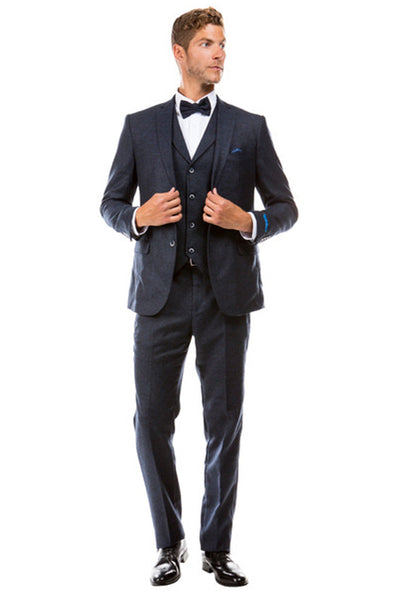 Traje de boda de tweed estilo vintage con dos botones y chaleco para hombre en azul marino