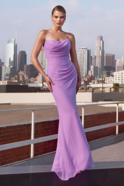Chiffon Fitted Long Strapless Dress by Amoris T702 – Lavender