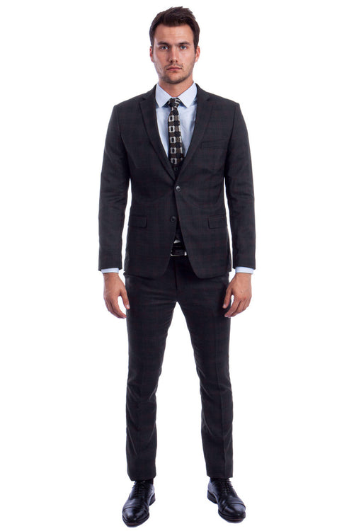 Traje ajustado de dos botones con chaleco de corte bajo para hombre en cuadros negros
