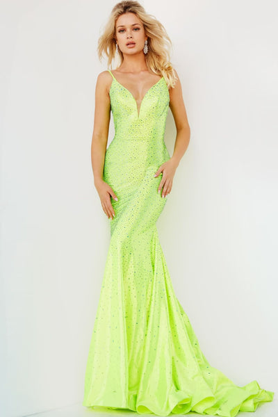 Taffeta Beaded Fitted Sleeveless Gown by Jovani 08157 - 00 / Neon Green - Long Formal Dresses