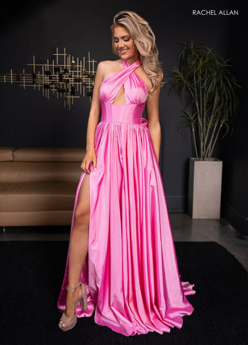 Rachel Allan 70689 Taffeta Halter A-line Slit Gown