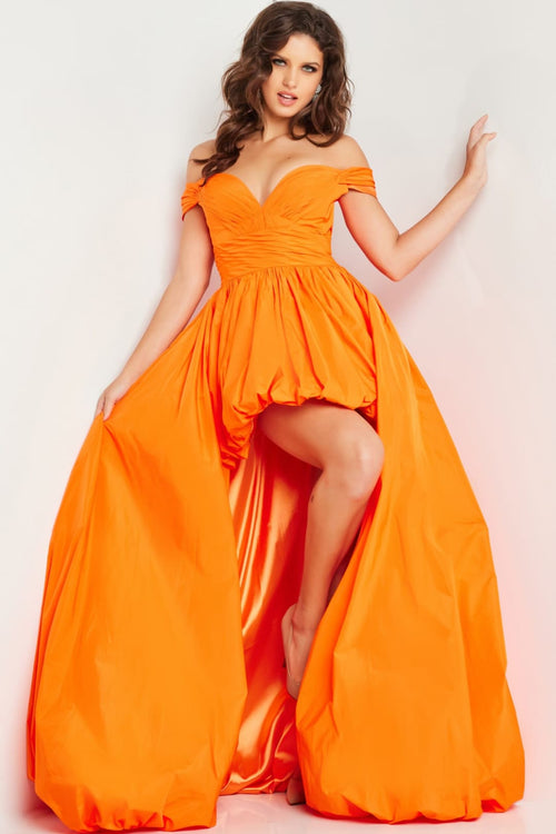 Taffeta Off Shoulder High Low Gown by Jovani 27804 - 00 / Orange - Long Formal Dresses