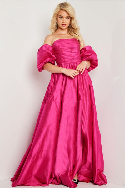 Taffeta Puff Sleeve A-line Slit Gown by Jovani 24099 - Long Formal Dresses