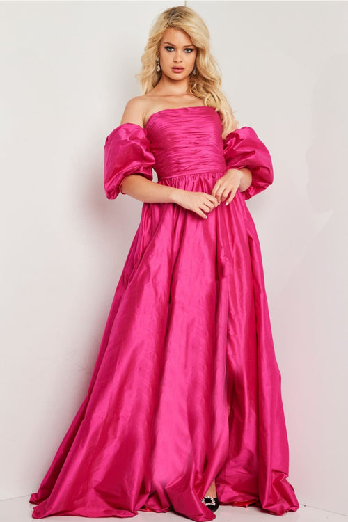 Taffeta Puff Sleeve A-line Slit Gown by Jovani 24099 - Long Formal Dresses