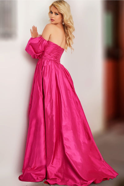 Taffeta Puff Sleeve A-line Slit Gown by Jovani 24099 - Long Formal Dresses
