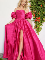 Taffeta Puff Sleeve A-line Slit Gown by Jovani 24099