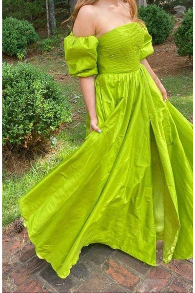 Taffeta Puff Sleeve A-line Slit Gown by Jovani 24099 - 00 / Lime - Long Formal Dresses