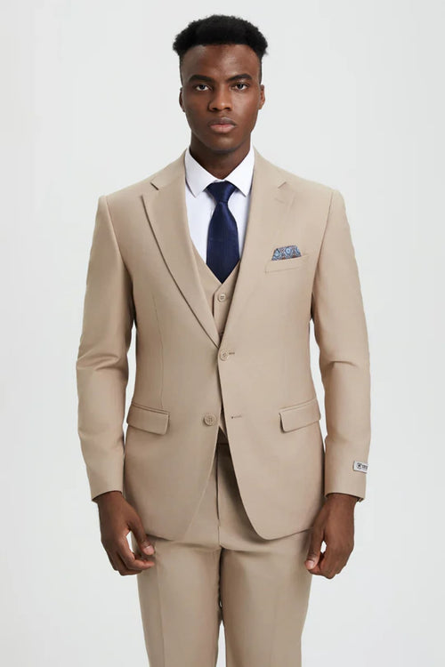 Tan Groomsmen Suit for Men & Boys - Perfect for Weddings + Free Tie - Tan / 36Regular - Suits
