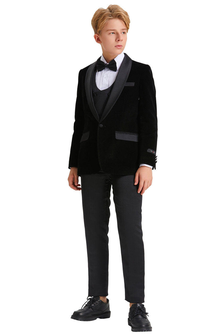 "Jayden" Tazio Kids 5-Piece Black Velvet Tuxedo Set