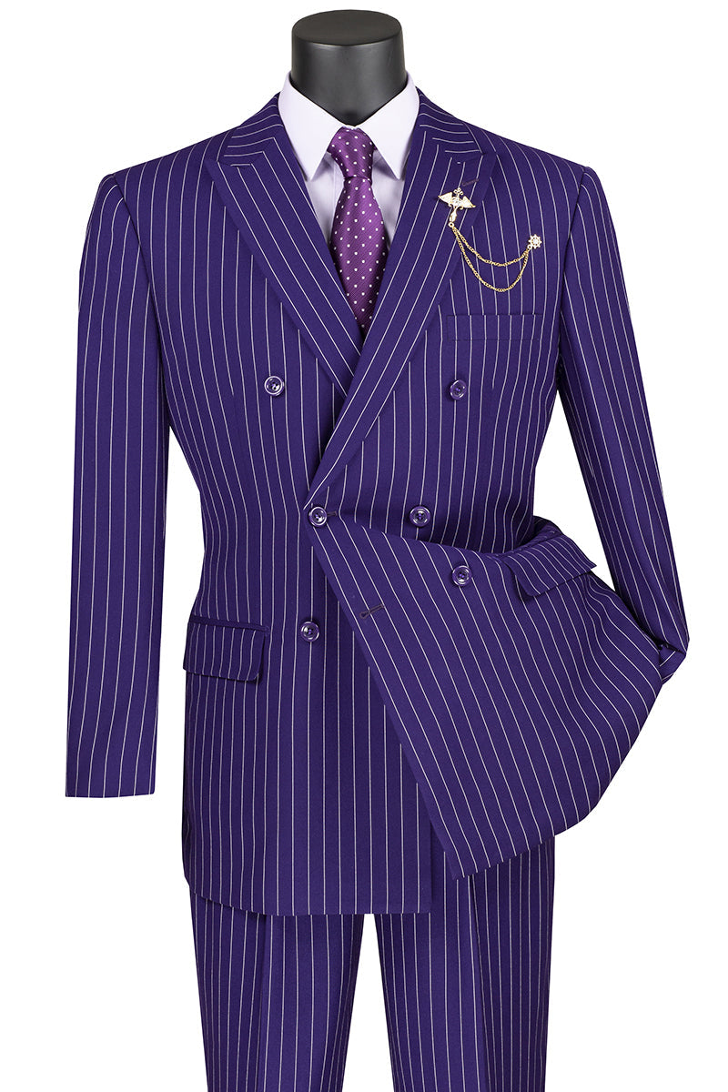Traje de hombre cruzado de estilo gánster con raya diplomática en morado