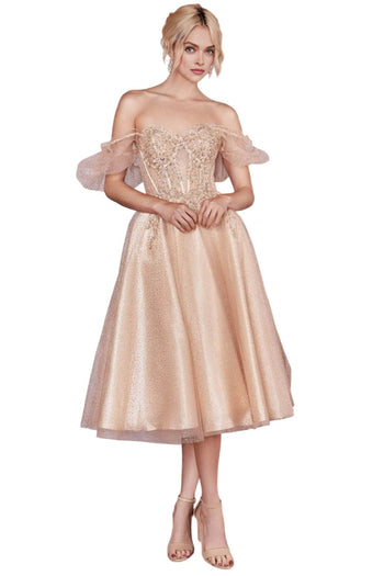 Tea-Length Corset Cocktail Dress 2025 Elegant Evening Gown - Champagne / XS - Prom
