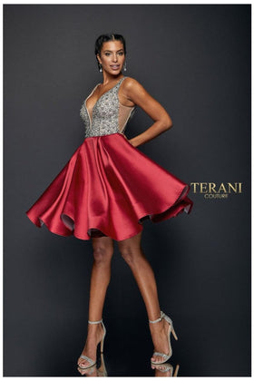 Terani Couture 1821H7771 Cocktail V-Neck A-Line Beaded Short Formal Matte Satin Dress