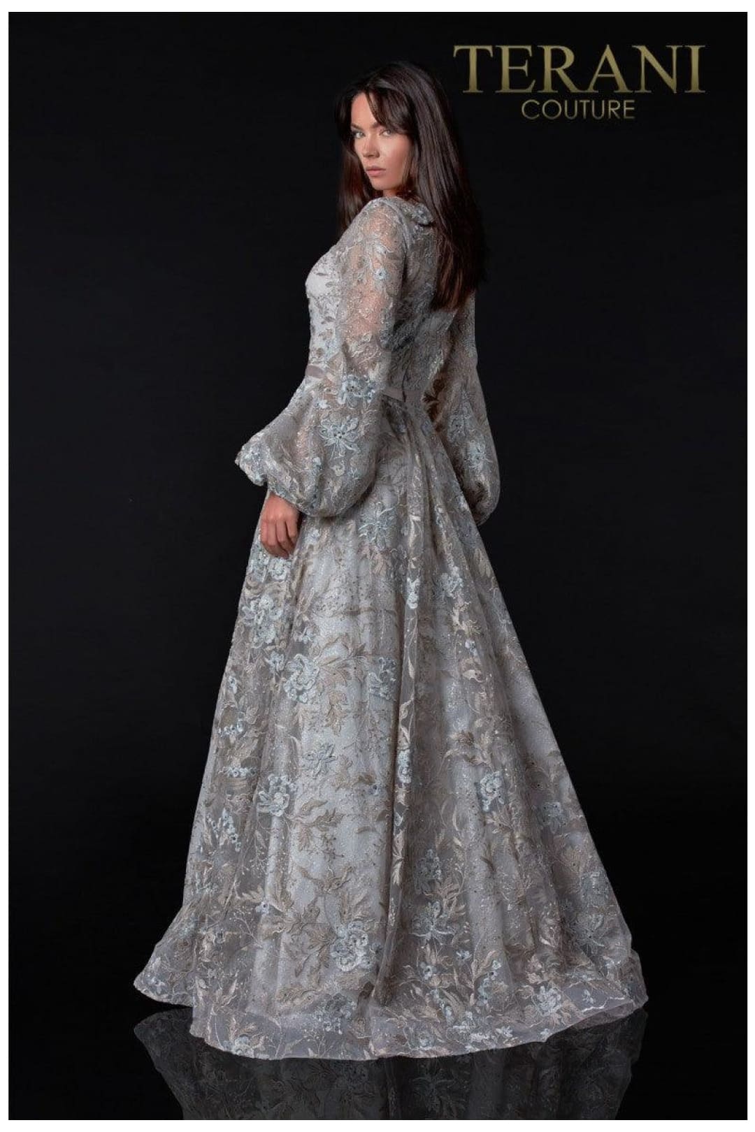 Terani Couture 2112M5407D Classic Long Sleeve Evening Gown - Silver / 1