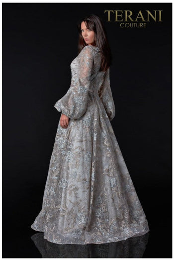 Terani Couture 2112M5407D Classic Long Sleeve Evening Gown - Silver / 1