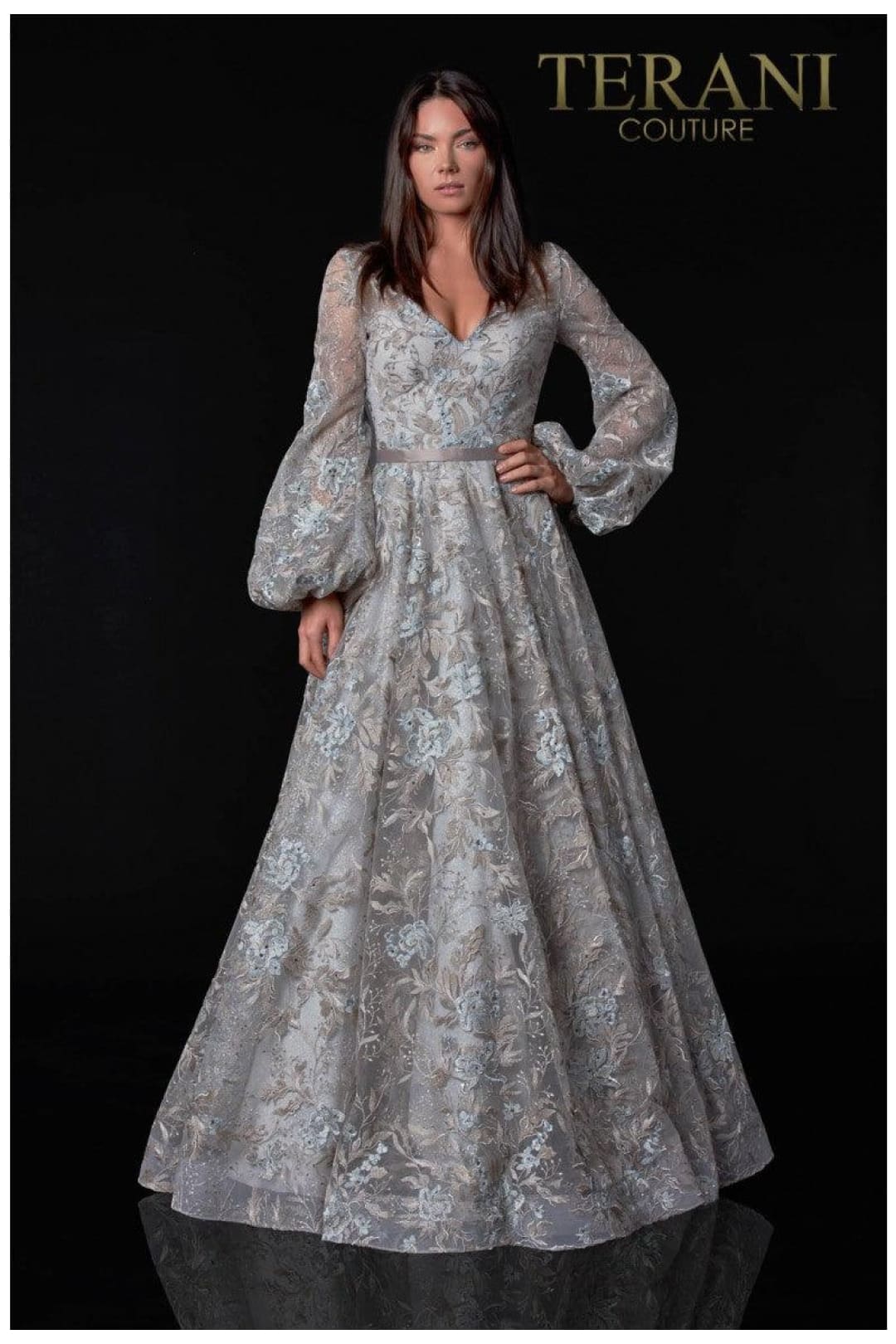 Terani Couture 2112M5407D Classic Long Sleeve Evening Gown - Silver / 1