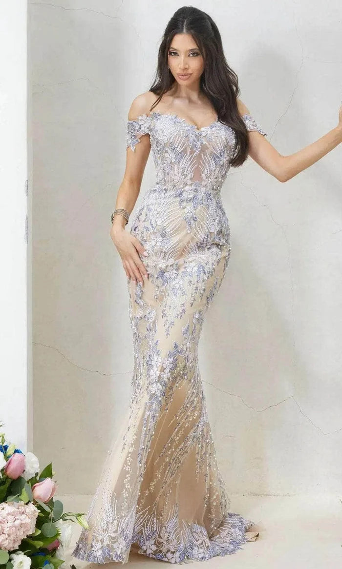 Clearance Cream-Nude Size 6 Off-Shoulder Embroidered Mermaid Evening Gown by Terani Couture 232GL1493