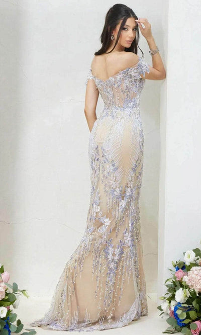 Clearance Cream-Nude Size 6 Off-Shoulder Embroidered Mermaid Evening Gown by Terani Couture 232GL1493