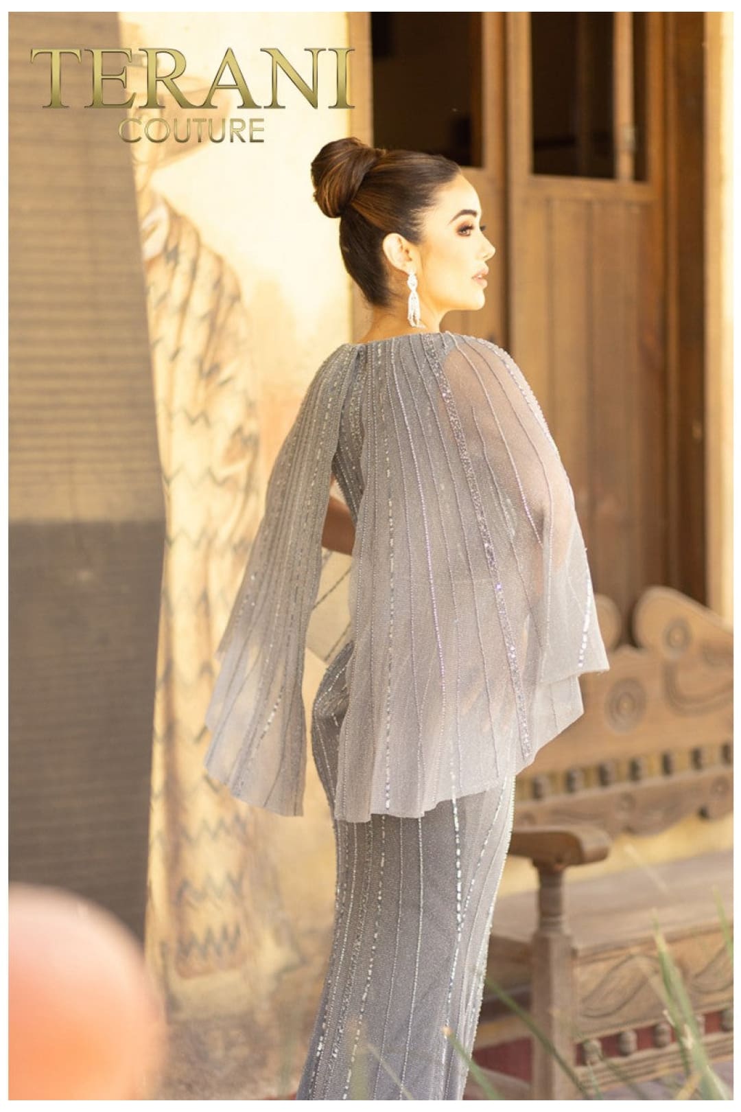 Terani Couture 232M1501 Stunning Beaded Cape Gown for Special Occasions - Navy / 24