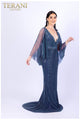 Terani Couture 232M1501 Stunning Beaded Cape Gown for Special Occasions - Navy / 24
