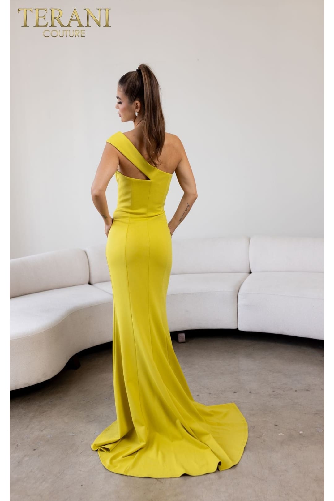 Terani Couture 241E2416-Formal evening gown with a slit.