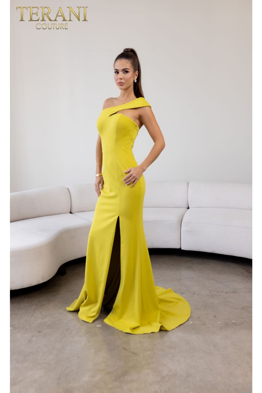 Terani Couture 241E2416-Formal evening gown with a slit.