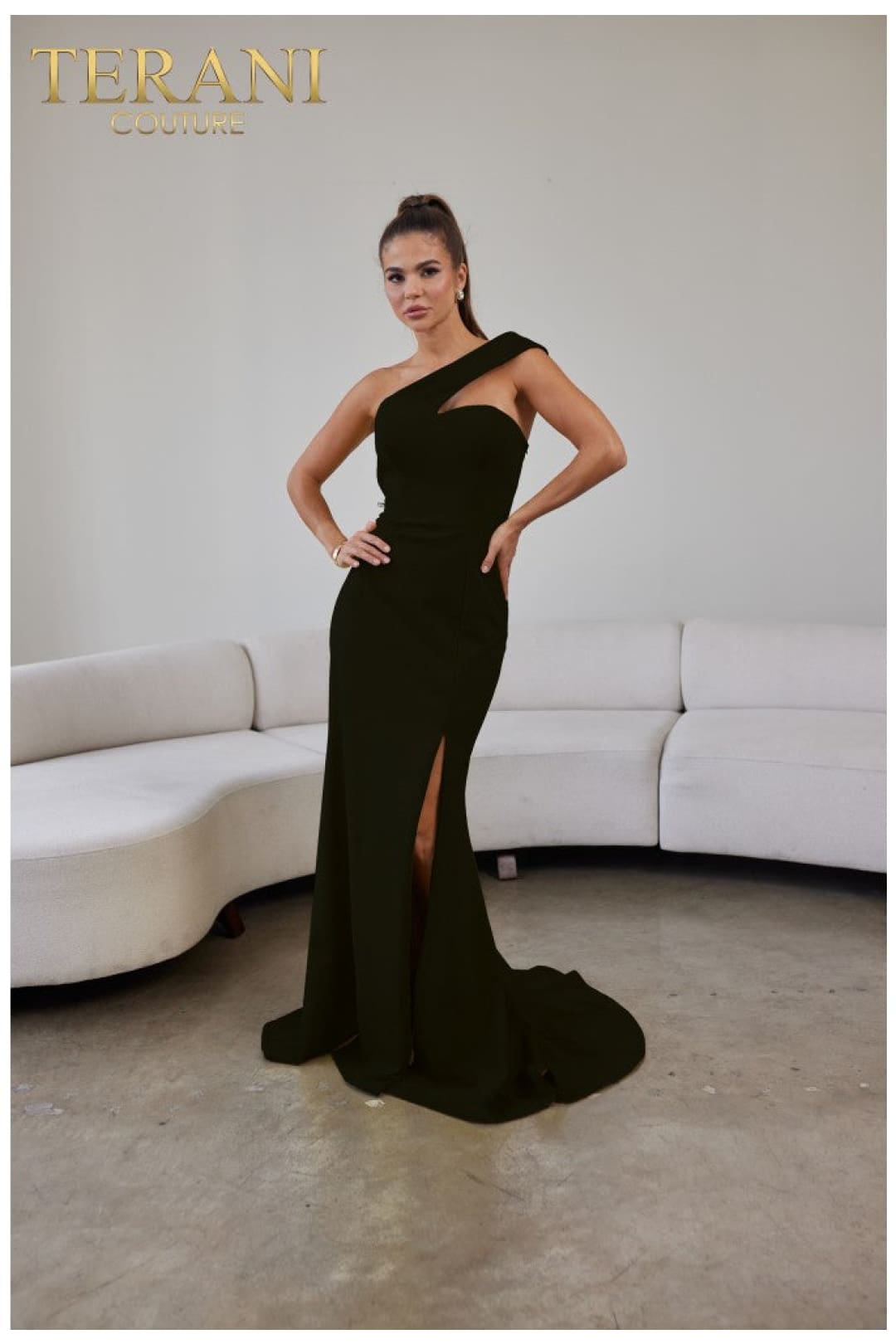 Terani Couture 241E2416-Formal evening gown with a slit.