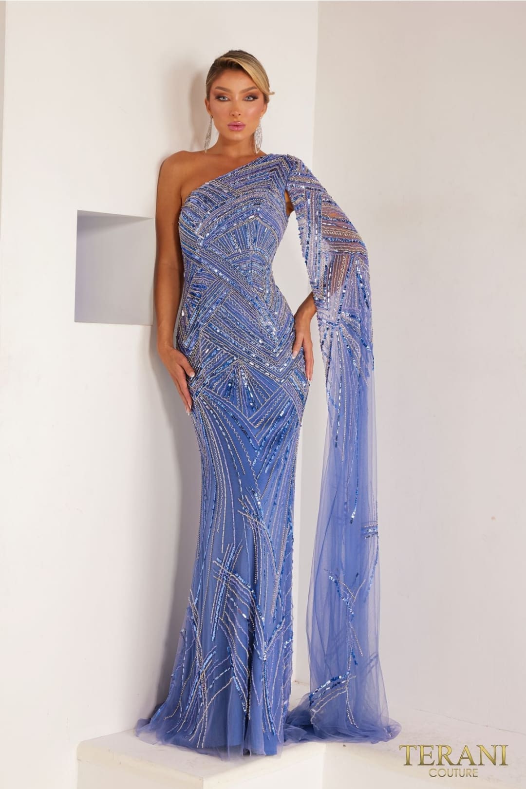 Terani Couture 241GL2634-Long formal evening dress with beadwork.