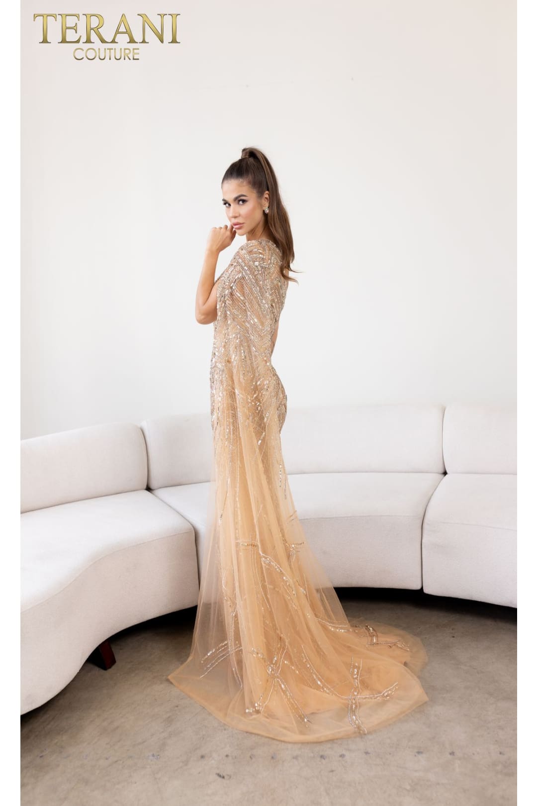 Terani Couture 241GL2634-Long formal evening dress with beadwork.
