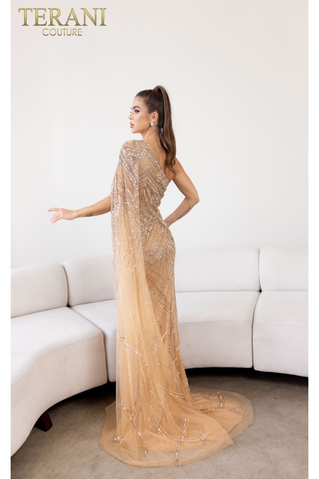 Terani Couture 241GL2634-Long formal evening dress with beadwork.