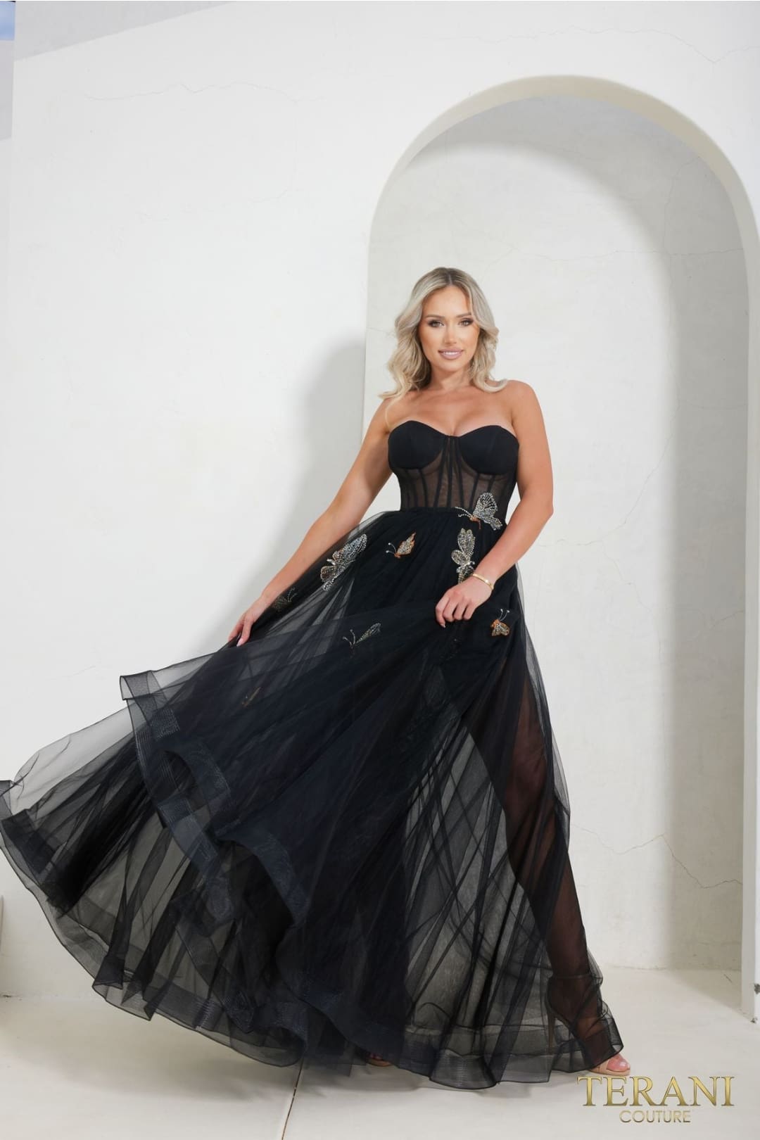 Terani Couture 241P2087-A-line ballgown with a long silhouette.