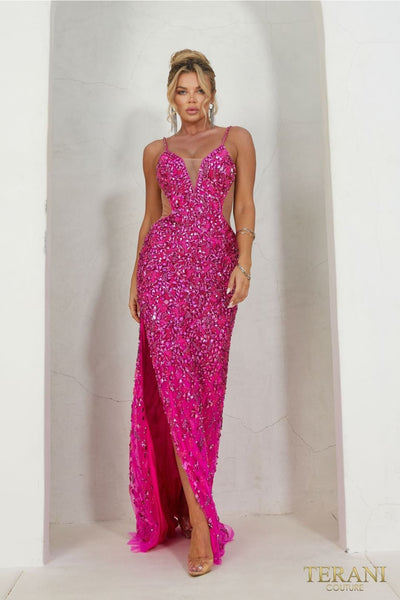 Terani Couture 241P2163-Bodycon prom dress with a long hemline.