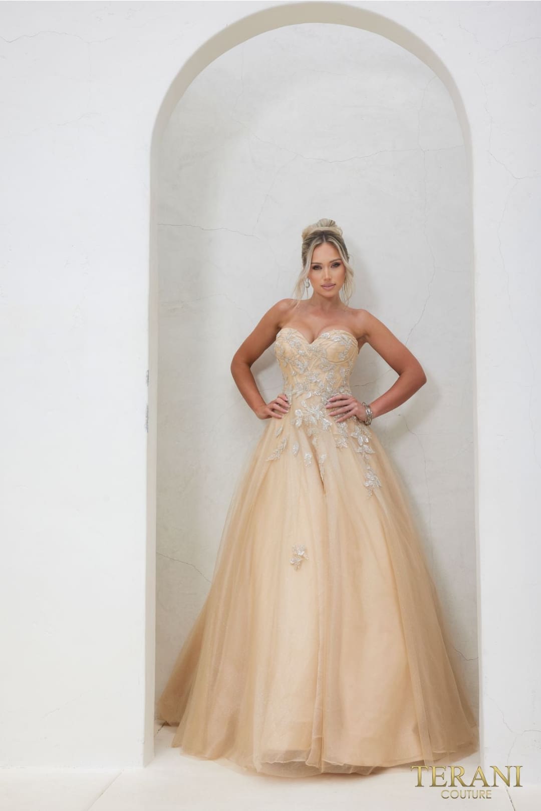 Prom Strapless Ballgown Champagne Formal Glitter Tulle Dress 241P2216 by Terani  Couture